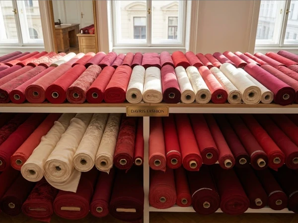 Ballen Meterware in Rot-, Rosa- und Cremetönen im Regal