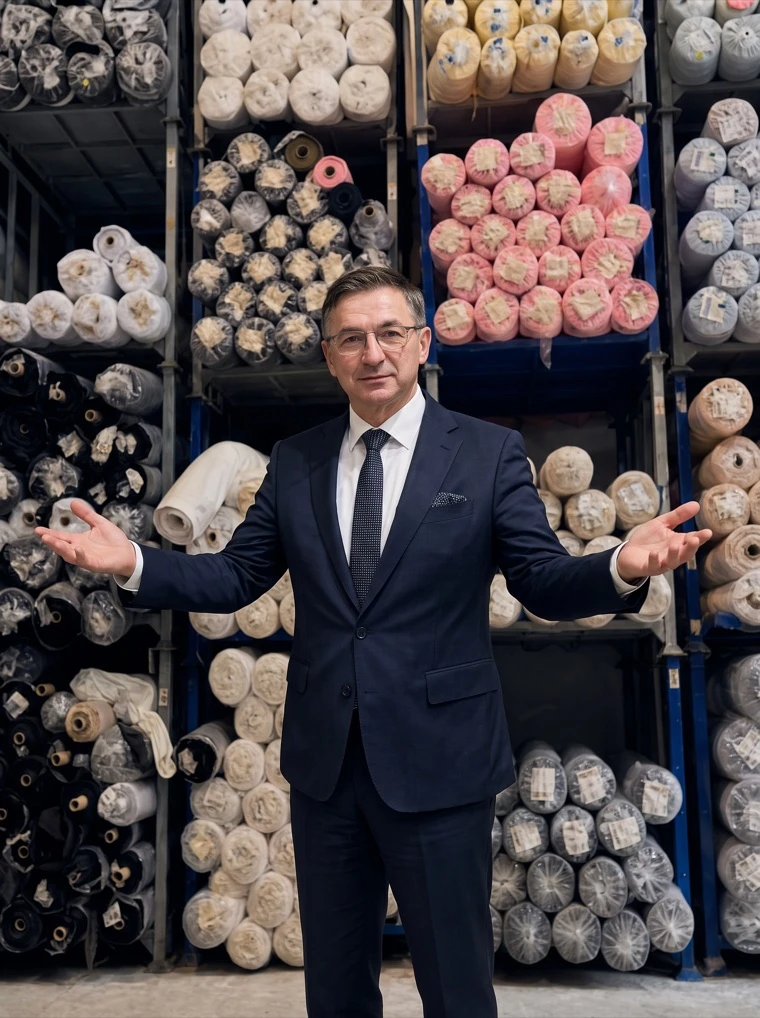 Petr Voskov, Geschäftsführer von Davris Fashion, vor Regalen voller Stoffballen